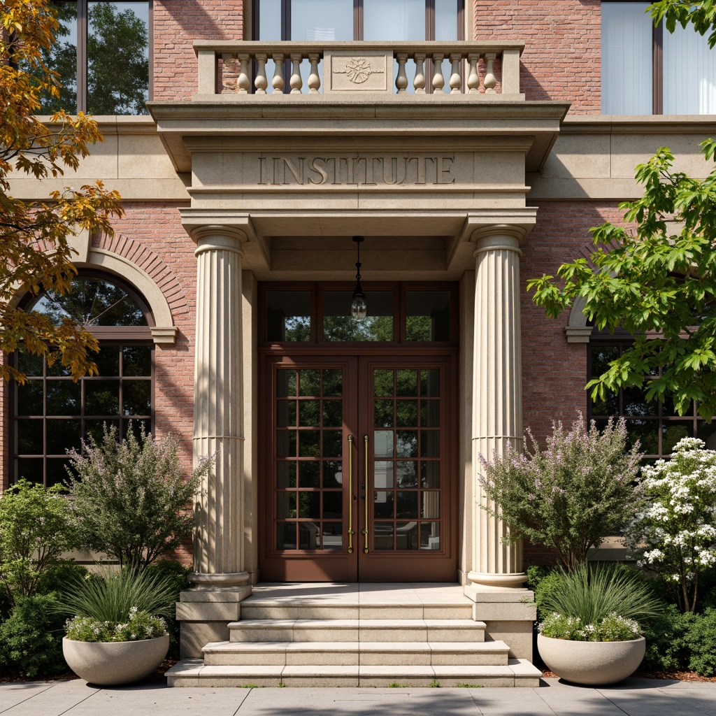 Prompt: Institute facade, neoclassical architecture, symmetrical composition, grand entrance, ionic columns, ornate details, rustic stone walls, brick red accents, modern glass additions, subtle metal frames, greenery vines, blooming flowers, natural light filtering, soft warm atmosphere, shallow depth of field, 3/4 composition, realistic textures, ambient occlusion.