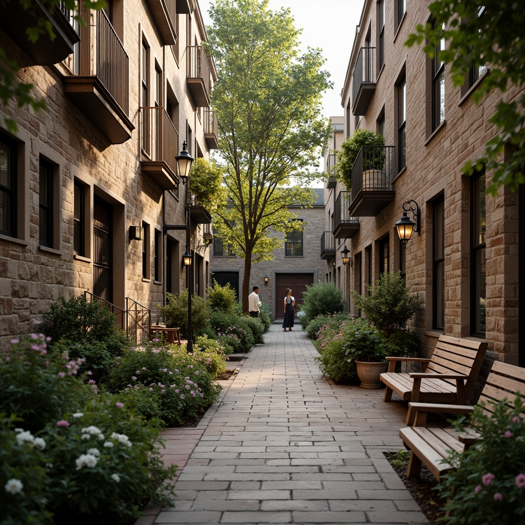 Prompt: Rustic brick buildings, worn stone walls, lush greenery, blooming flowers, wooden benches, vintage street lamps, soft warm lighting, shallow depth of field, 3/4 composition, panoramic view, realistic textures, ambient occlusion, romantic archways, ornate iron gates, classic columns, stately trees, serene courtyard, peaceful atmosphere, nostalgic ambiance.