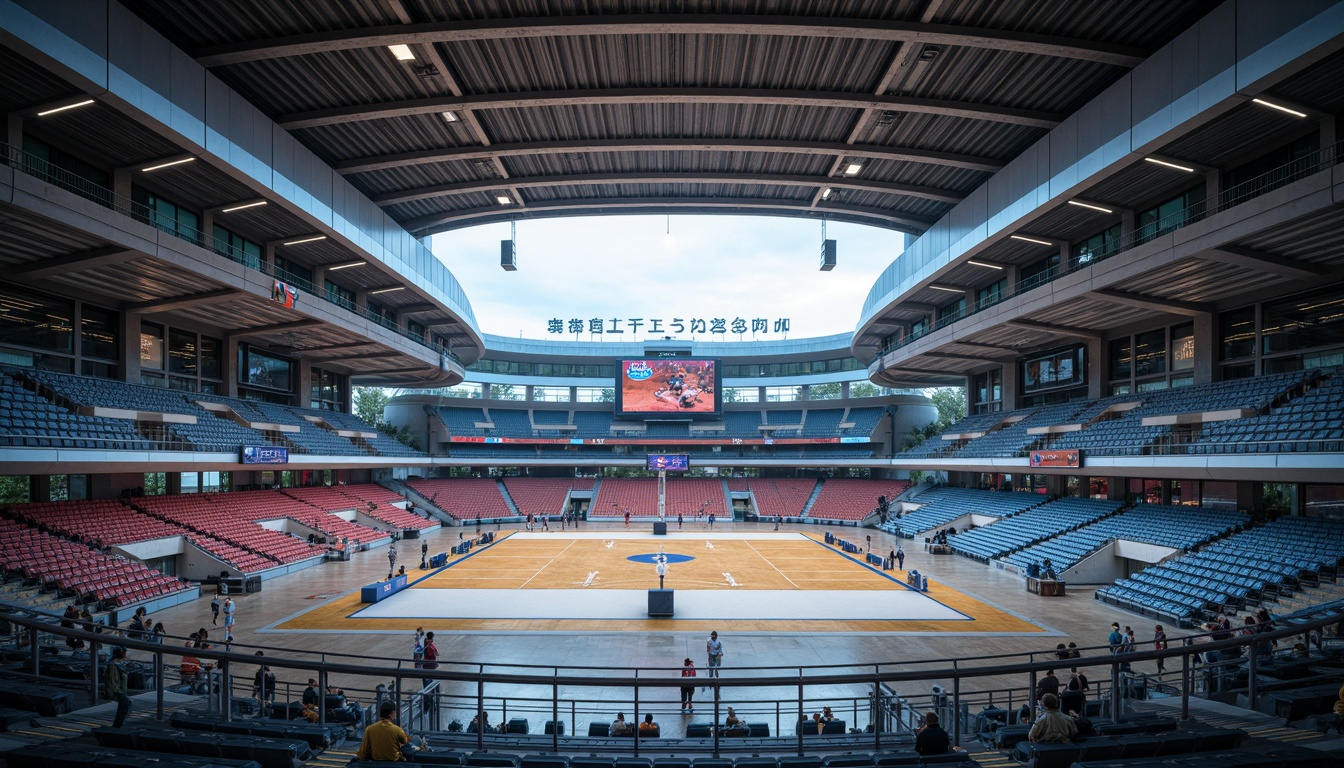 Prompt: Sleek stadium interior, curved lines, metallic accents, polished concrete floors, minimalist seating areas, modern sports equipment, LED lighting systems, futuristic scoreboard displays, panoramic views, open-plan spaces, cantilevered walkways, industrial-chic materials, bold color schemes, dynamic textures, shallow depth of field, 1/1 composition, realistic reflections, ambient occlusion.