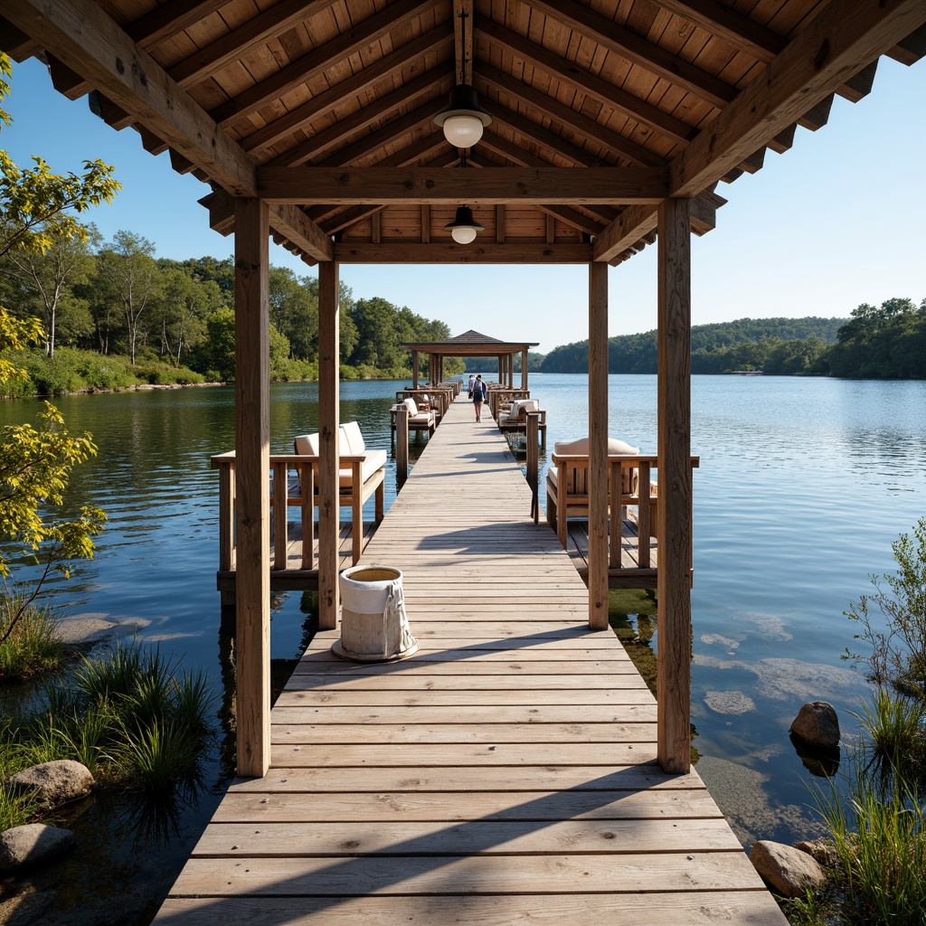 Prompt: \Rustic boathouse, wooden docks, nautical ropes, vintage anchors, distressed finishes, weathered wood tones, ocean-inspired blues, sandy neutrals, coral pinks, sunny warm lighting, shallow depth of field, 3/4 composition, panoramic view, realistic textures, ambient occlusion, serene lake views, lush greenery, natural stone pathways.\