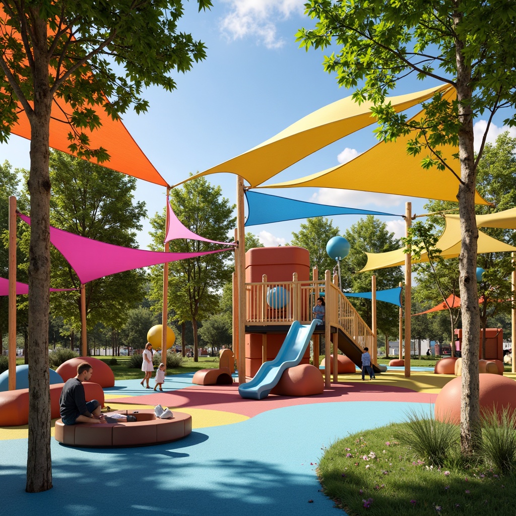 Prompt: Whimsical playground, colorful rubber flooring, soft foam blocks, climbable walls, winding slides, suspended rope bridges, vibrant fabric canopies, playful sculptures, interactive sound installations, natural wood accents, bright LED lighting, dynamic shadows, shallow depth of field, 1/1 composition, warm sunny day, realistic textures, ambient occlusion.