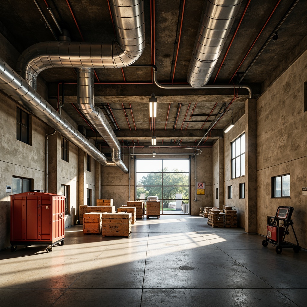 Prompt: Industrial warehouse interior, exposed ductwork, concrete floors, steel beams, functional lighting, neutral color palette, beige walls, metallic accents, pops of bright colors, safety signs, storage racks, shipping crates, natural light pouring in, high ceilings, open spaces, urban atmosphere, gritty textures, dramatic shadows, 1/2 composition, warm and cool contrast, ambient occlusion.