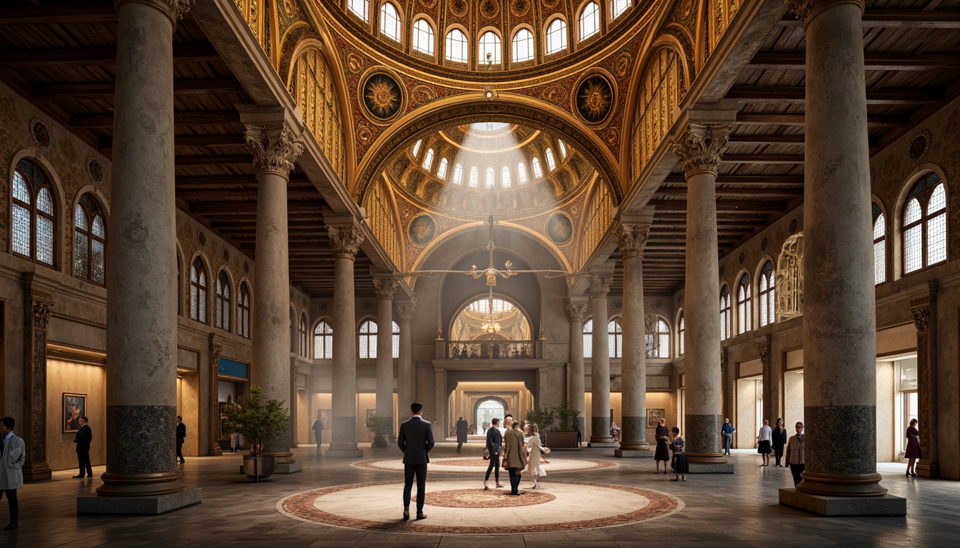 Prompt: Intricate Byzantine architecture, ornate golden domes, vibrant mosaic patterns, textured stone walls, worn ancient columns, mystical ambiance, warm soft lighting, atmospheric fog, shallow depth of field, 1/2 composition, realistic reflections, ambient occlusion, detailed normal maps, high-poly models, weathered copper accents, grandiose archways, ornamental frescoes, luxurious velvet drapes.