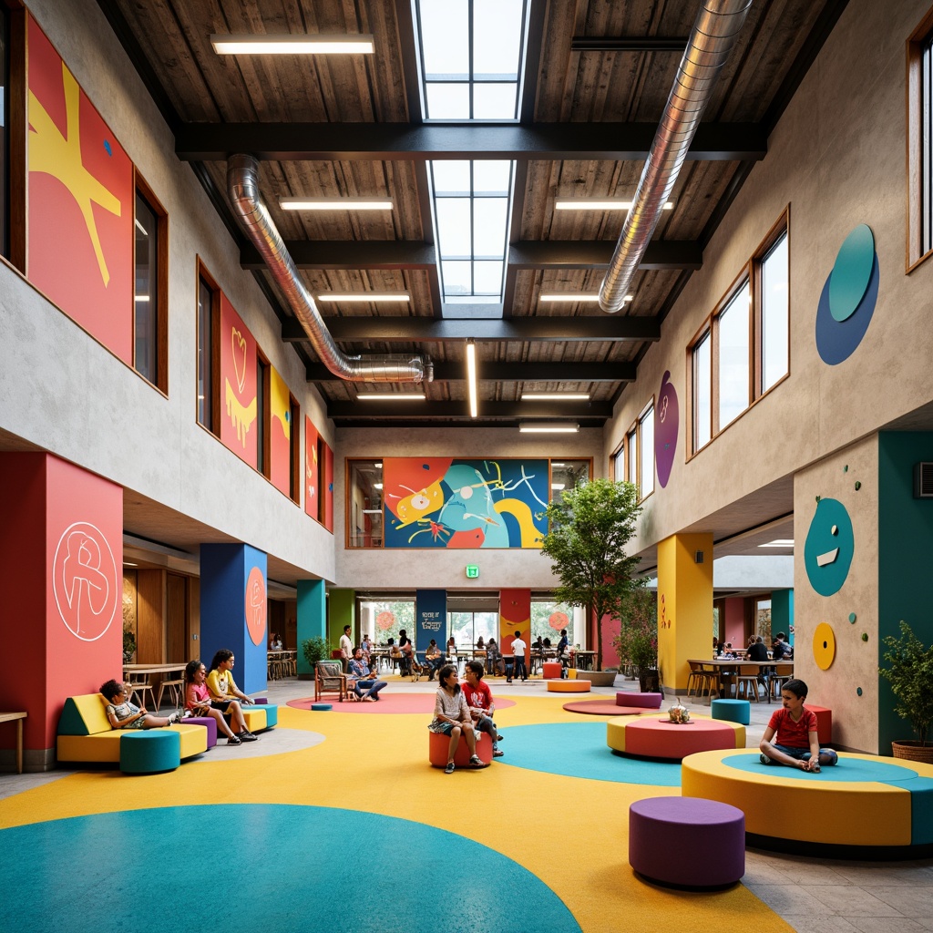 Prompt: Vibrant middle school building, expressive bold colors, eclectic mix of materials, playful geometric shapes, whimsical patterns, dynamic lighting effects, modern angular lines, abstract murals, splashes of bright coral, turquoise, and yellow, exposed ductwork, polished concrete floors, reclaimed wood accents, industrial metal beams, flexible open spaces, collaborative learning areas, cozy reading nooks, natural textures, warm inviting atmosphere, soft box lighting, shallow depth of field, 2/3 composition, realistic renderings.