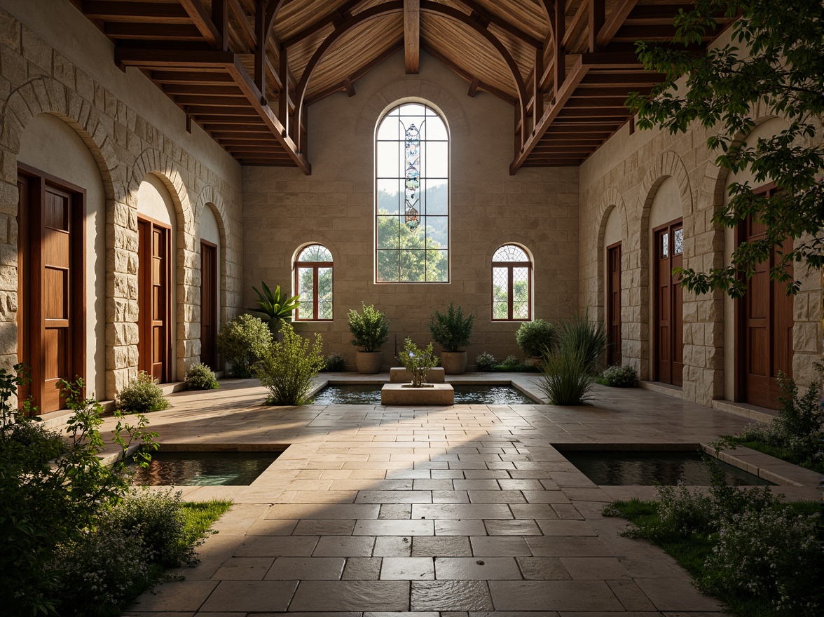 Prompt: Serene monastery courtyard, rustic stone walls, ornate wooden doors, stained glass windows, vaulted ceilings, grand archways, tranquil water features, lush greenery, soft natural light, warm earthy tones, rough-hewn stone textures, distressed wood accents, mystical ambiance, subtle spiritual symbolism, atmospheric fog effects, high dynamic range, 1/1 composition, symmetrical framing, realistic reflections, ambient occlusion.