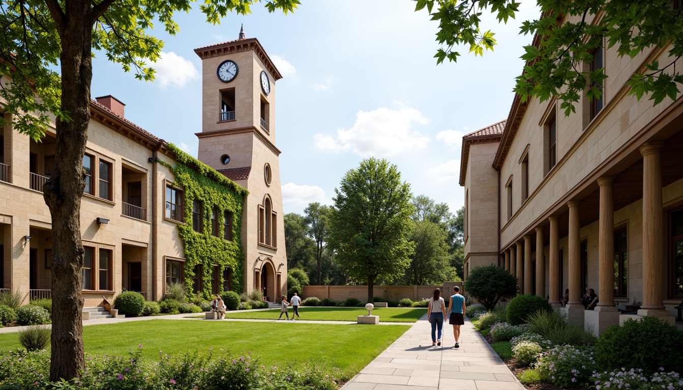 Prompt: Traditional university buildings, historic clock towers, ivy-covered walls, warm beige stone facades, wooden accents, classic columns, ornate details, vibrant green quads, lush landscaping, mature trees, walking paths, sunny afternoon, soft natural lighting, shallow depth of field, 3/4 composition, symmetrical framing, realistic textures, subtle ambient occlusion.