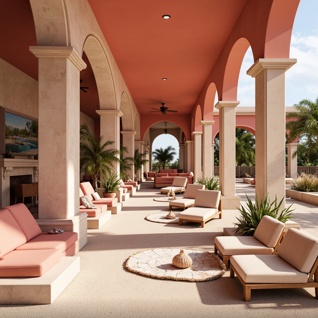 Prompt: Vibrant coral hues, warm beige stonework, soft sandy flooring, natural seashell accents, ocean-inspired textiles, driftwood furnishings, coastal-themed artwork, pastel pink glass fixtures, iridescent mother-of-pearl inlays, sunny tropical atmosphere, shallow depth of field, 1/2 composition, realistic textures, ambient occlusion.