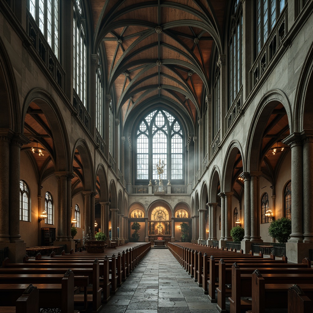 Prompt: Intricate stone carvings, Gothic arches, ribbed vaults, grandiose entranceways, ornate stained glass windows, majestic bell towers, weathered copper roofs, rustic wooden pews, dimly lit nave, atmospheric mist, soft warm lighting, shallow depth of field, 1/1 composition, realistic textures, ambient occlusion.Let me know if you need any adjustments!