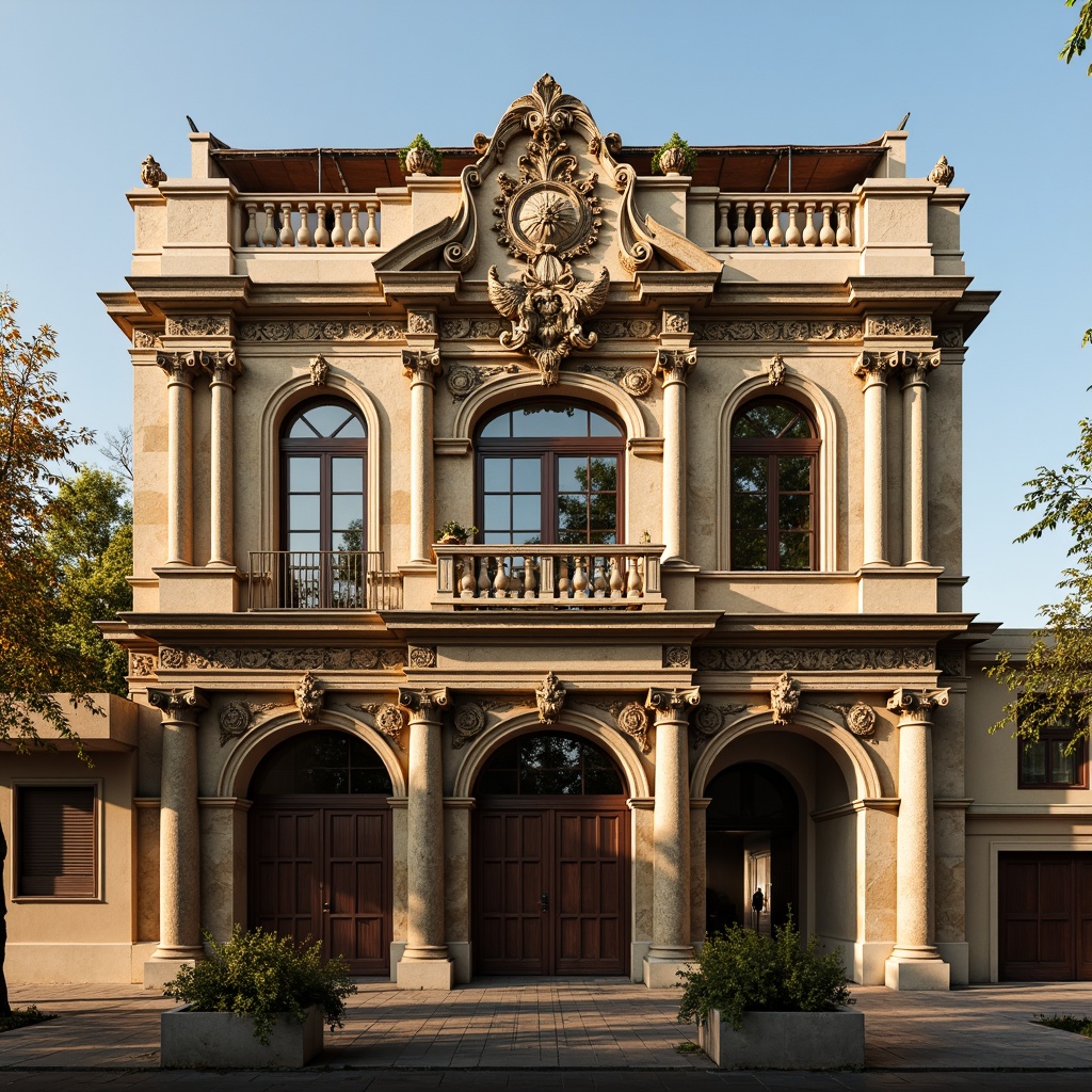 Prompt: Ornate Renaissance-style building, grandiose facade, intricately carved stone decorations, ornamental pilasters, arched windows, rusticated quoins, classical columns, sculpted tympanum, weathered copper roof, aged stone walls, warm golden lighting, soft shadows, 1/2 composition, symmetrical framing, shallow depth of field, realistic textures, ambient occlusion.