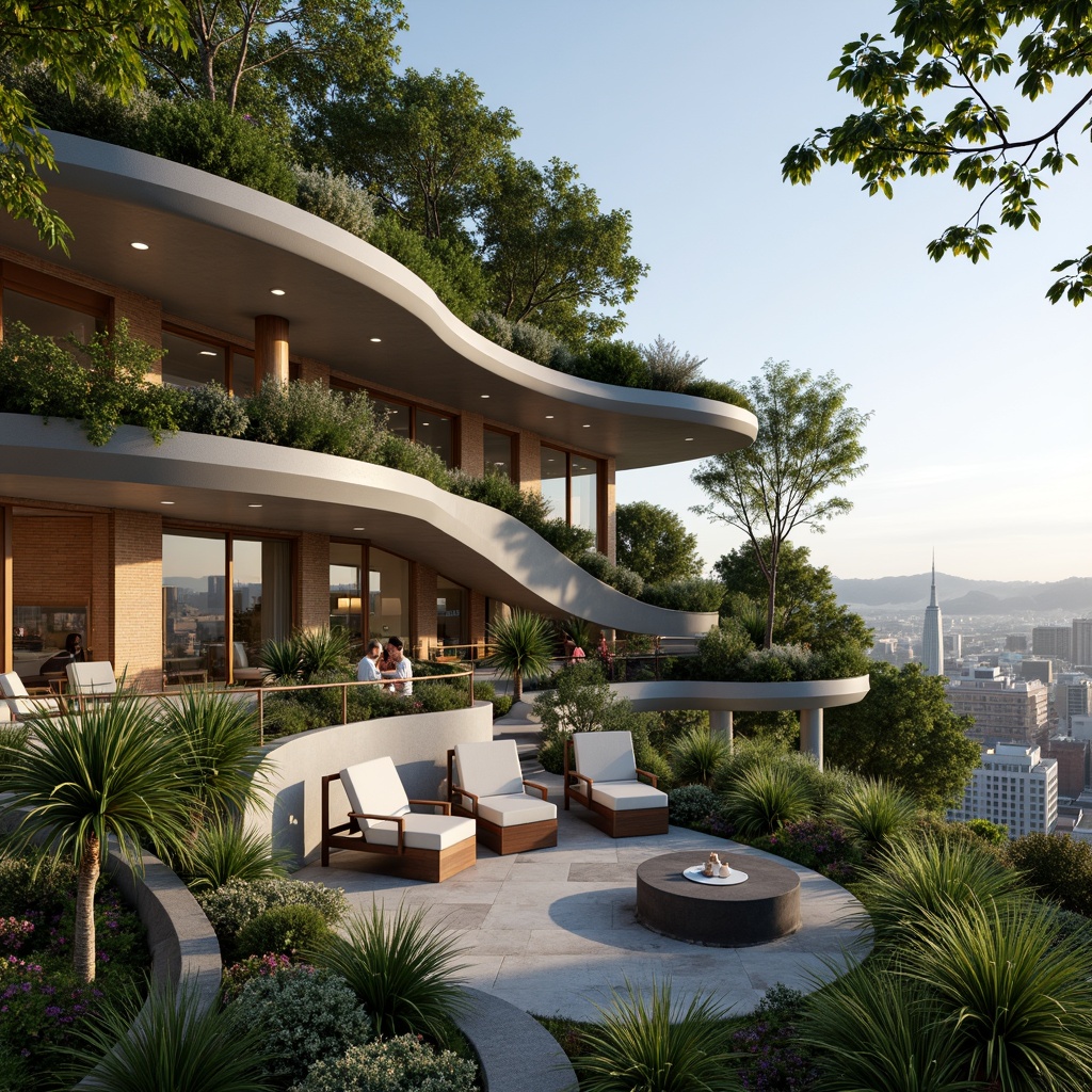 Prompt: Luxurious penthouse, organic architecture, curved lines, green roofs, living walls, lush vegetation, natural materials, reclaimed wood accents, floor-to-ceiling windows, sliding glass doors, panoramic city views, modern minimalist interior, sleek stone flooring, warm ambient lighting, soft shadows, 1/2 composition, shallow depth of field, realistic textures, atmospheric fog.