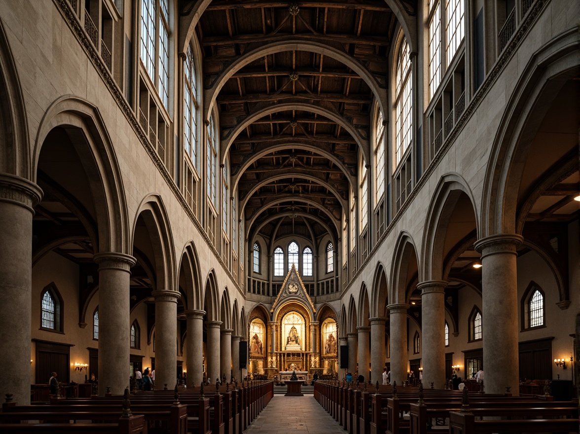 Prompt: Vaulted ceilings, grand cathedrals, symmetrical aisles, ornate altars, stained glass windows, intricate stone carvings, ribbed arches, clerestory lighting, dramatic verticality, sacred atmospheres, solemn tone, natural materials, rustic textures, warm earthy colors, soft diffused light, subtle shadows, 1/2 composition, low-angle view, realistic reflections, ambient occlusion.Please let me know if this meets your requirements!