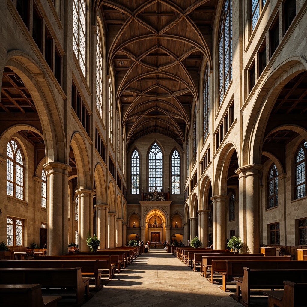 Prompt: Ancient stone church, Gothic Revival style, ribbed vaults, pointed arches, flying buttresses, stained glass windows, intricate carvings, ornate capitals, grand nave, high ceilings, clerestory windows, dramatic lighting, warm golden tones, detailed textures, shallow depth of field, 1/2 composition, atmospheric perspective, realistic ambiance.