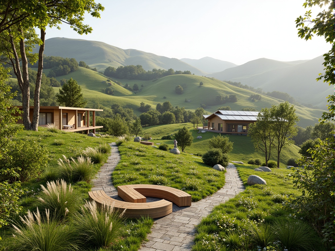 Prompt: Undulating hills, lush green meadows, winding trails, native flora, curved wooden benches, eco-friendly materials, recycled stone pathways, modern sustainable architecture, large windows, sliding glass doors, cantilevered rooflines, solar panels, wind turbines, rainwater harvesting systems, green roofs, living walls, organic shapes, minimalist design, natural ventilation systems, shaded outdoor spaces, misting systems, warm sunny day, soft diffused lighting, 3/4 composition, panoramic view, realistic textures, ambient occlusion.