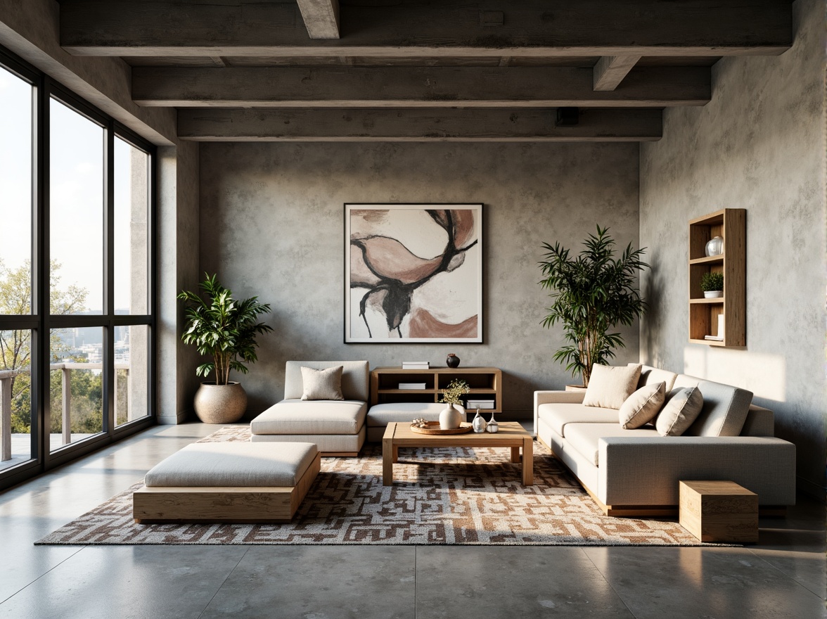 Prompt: Minimalist living room, sleek low-profile furniture, polished concrete floors, industrial-chic metal beams, floor-to-ceiling windows, natural light pouring in, urban loft atmosphere, modern abstract artwork, geometric patterned rugs, plush sectional sofas, ambient warm lighting, shallow depth of field, 1/1 composition, realistic textures, soft focus effect, cozy reading nooks, built-in shelving units, hidden storage compartments, eco-friendly sustainable materials.