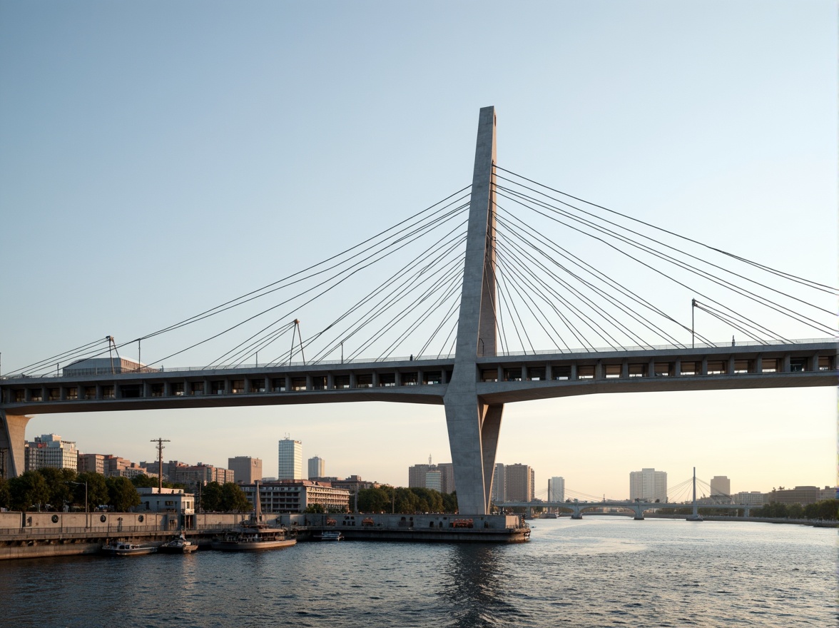 Prompt: Sleek bridge structure, minimalist design, clean lines, angular forms, cantilevered sections, suspension cables, steel beams, reinforced concrete piers, geometric shapes, futuristic aesthetic, urban cityscape, riverbank setting, sunny day, soft warm lighting, shallow depth of field, 1/2 composition, symmetrical framing, realistic textures, ambient occlusion.