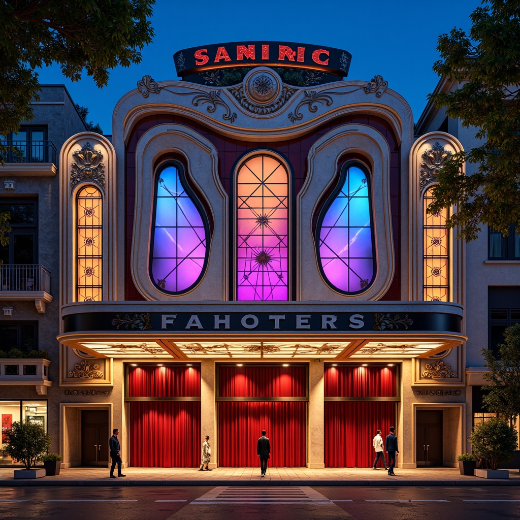 Prompt: Vibrant theater facade, eclectic mix of architectural styles, ornate decorations, grand entrance, intricate stonework, ornamental metalwork, colorful LED lighting, dynamic shapes, futuristic curves, luxurious materials, marble columns, golden accents, red velvet curtains, spotlights, dramatic shadows, warm atmospheric lighting, 1/1 composition, symmetrical framing, high contrast ratio, detailed textures, cinematic mood.