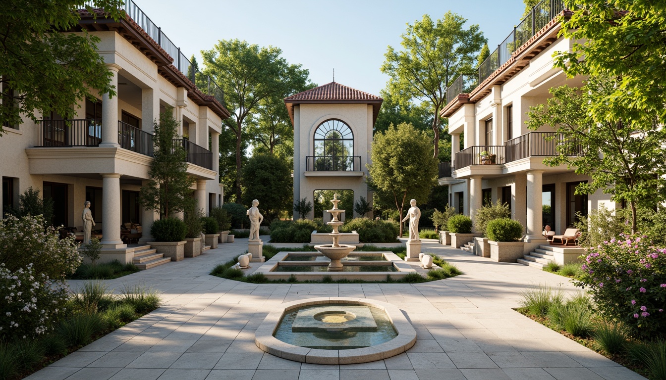 Prompt: Elegant Italianate villa, lush greenery, ornate fountains, tiered water features, travertine pool decks, statuesque sculptures, classical columns, grand staircases, Mediterranean-inspired gardens, fragrant blooming flowers, sunny afternoon, soft warm lighting, shallow depth of field, 3/4 composition, symmetrical architecture, realistic textures, ambient occlusion.