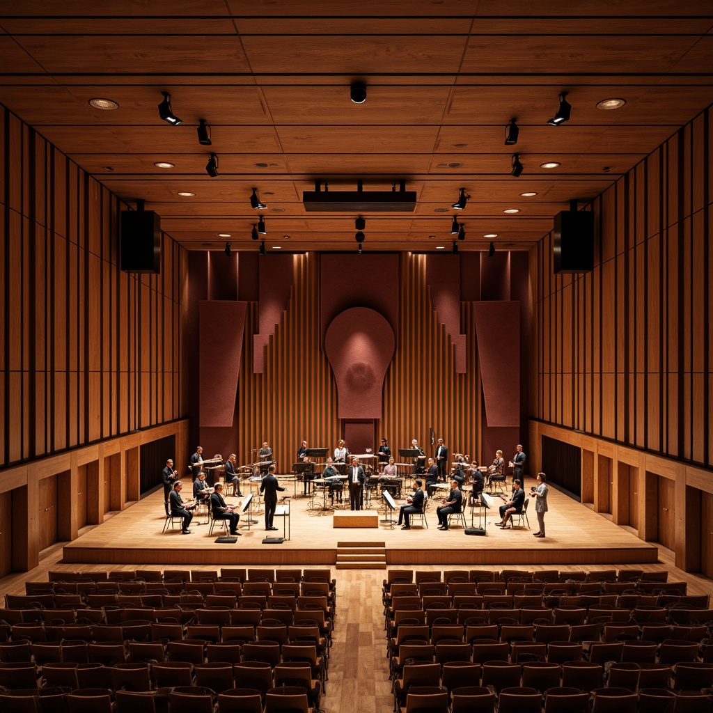 Prompt: Luxurious concert hall, rich wood tones, polished wooden floors, sound-absorbing panels, velvety upholstery, acoustic screens, elegant chandeliers, high ceilings, reverberation-enhancing shapes, premium materials, tactile textures, subtle color palette, sophisticated ambiance, warm lighting, 1/1 composition, shallow depth of field, realistic reflections.