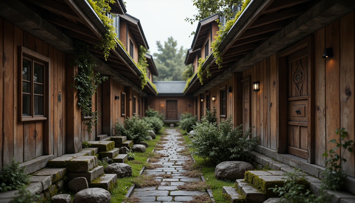 Prompt: Rustic wooden walls, distressed metal accents, rugged stone foundations, moss-covered roofs, earthy tones, natural materials, organic forms, intricate carvings, ornate details, warm ambient lighting, soft focus, shallow depth of field, 2/3 composition, atmospheric perspective, cinematic mood, realistic textures, subtle weathering effects.