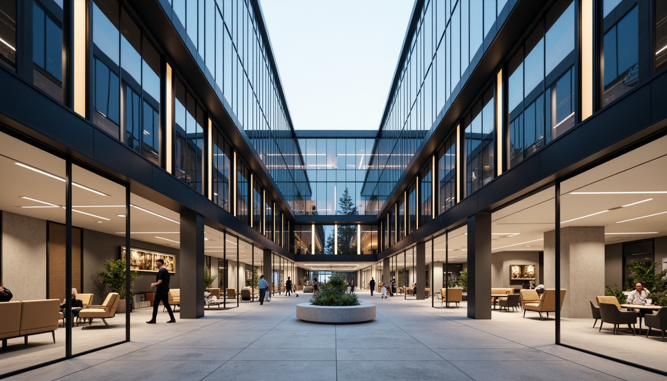 Prompt: Symmetrical office building, minimalist design, sleek glass fa\u00e7ade, reflective metal surfaces, angular lines, modern architecture, efficient floor plan, open workspace, collaborative areas, ergonomic furniture, adjustable lighting systems, acoustic panels, sound-absorbing materials, calming color palette, natural stone flooring, polished concrete walls, optimized circulation paths, 1/1 composition, centered entrance, balanced asymmetry, softbox lighting, subtle shading.