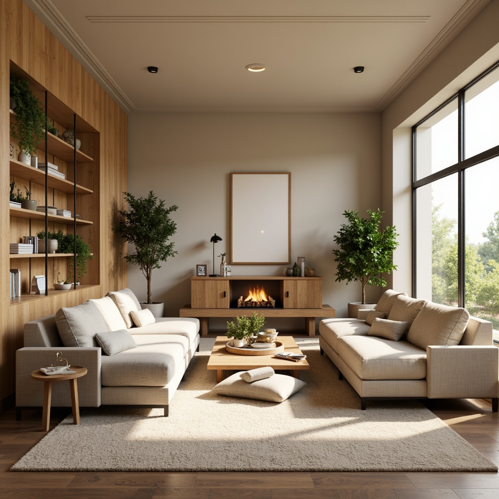 Prompt: Cozy living room, comfortable sofas, wooden coffee tables, floor lamps, warm beige walls, soft cream carpets, modern minimalist decor, functional storage units, sleek metal shelves, greenery accents, natural light pouring in, panoramic windows, 1/1 composition, shallow depth of field, realistic textures, ambient occlusion.