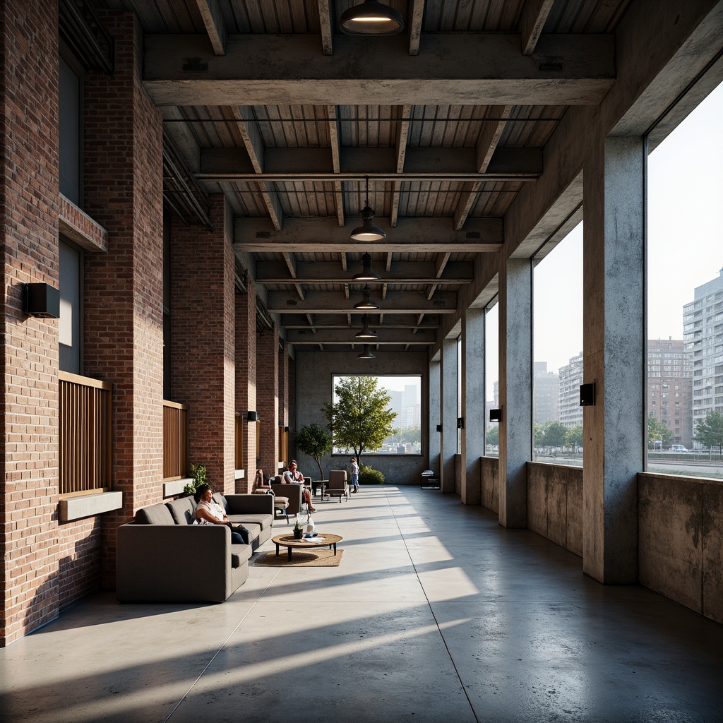 Prompt: Industrial fusion buildings, exposed brick walls, metal beams, concrete floors, reclaimed wood accents, modern steel structures, urban cityscape, gritty textured finishes, neutral color palette, weathered metallic tones, deep blues and greys, warm beige and brown hues, soft natural light, dramatic shadows, high contrast ratio, 1/2 composition, realistic renderings, ambient occlusion.