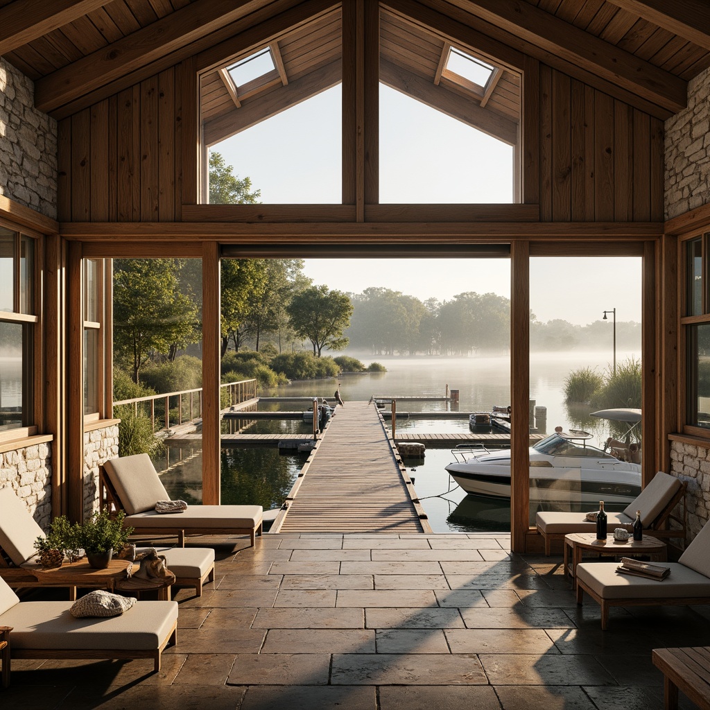 Prompt: Waterfront boathouse, wooden docks, rustic textures, nautical ropes, sailboats, calm lake waters, surrounding lush greenery, large windows, sliding glass doors, skylights, clerestory windows, natural stone walls, reclaimed wood accents, warm beige tones, cozy interior atmosphere, soft warm lighting, morning sunlight, misty dawn, shallow depth of field, 1/2 composition, realistic reflections, ambient occlusion.