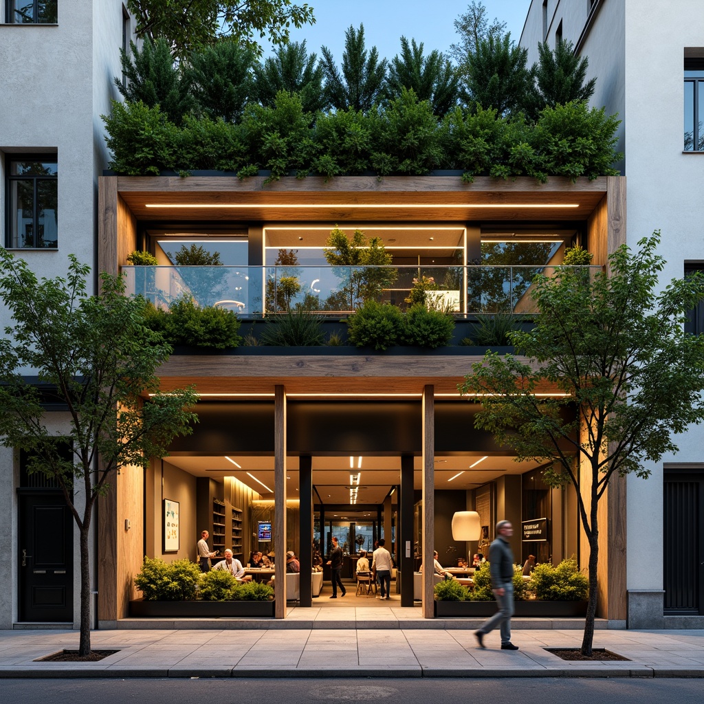 Prompt: Vibrant coffee shop facade, modern minimalist architecture, large glass windows, wooden accents, industrial metal frames, green walls, living plants, natural stone cladding, LED signage, warm inviting lighting, cozy outdoor seating, urban cityscape, busy street scene, morning sunlight, shallow depth of field, 1/2 composition, realistic textures, ambient occlusion.