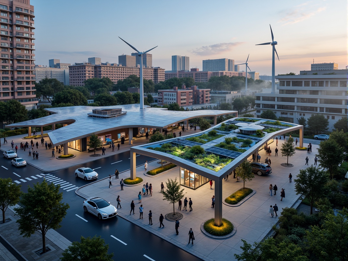 Prompt: Futuristic charging station, sleek metal canopies, neon LED lighting, minimalist design, eco-friendly materials, solar panels, wind turbines, green roofs, sustainable energy solutions, electric vehicle charging points, modern urban landscape, busy city streets, morning mist, soft warm lighting, shallow depth of field, 3/4 composition, panoramic view, realistic textures, ambient occlusion.