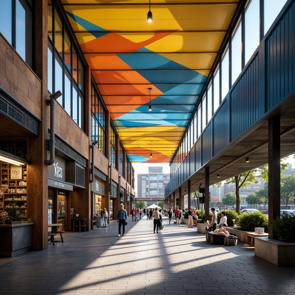 Prompt: Vibrant market scene, modernist architecture, bold color palette, deep blues, warm yellows, rich oranges, neutral whites, industrial metal accents, polished concrete floors, reclaimed wood textures, geometric patterns, minimalist decor, abstract art installations, urban cityscape, bustling crowd atmosphere, natural light pouring in, soft gradient shadows, shallow depth of field, 1/1 composition, realistic reflections, ambient occlusion.