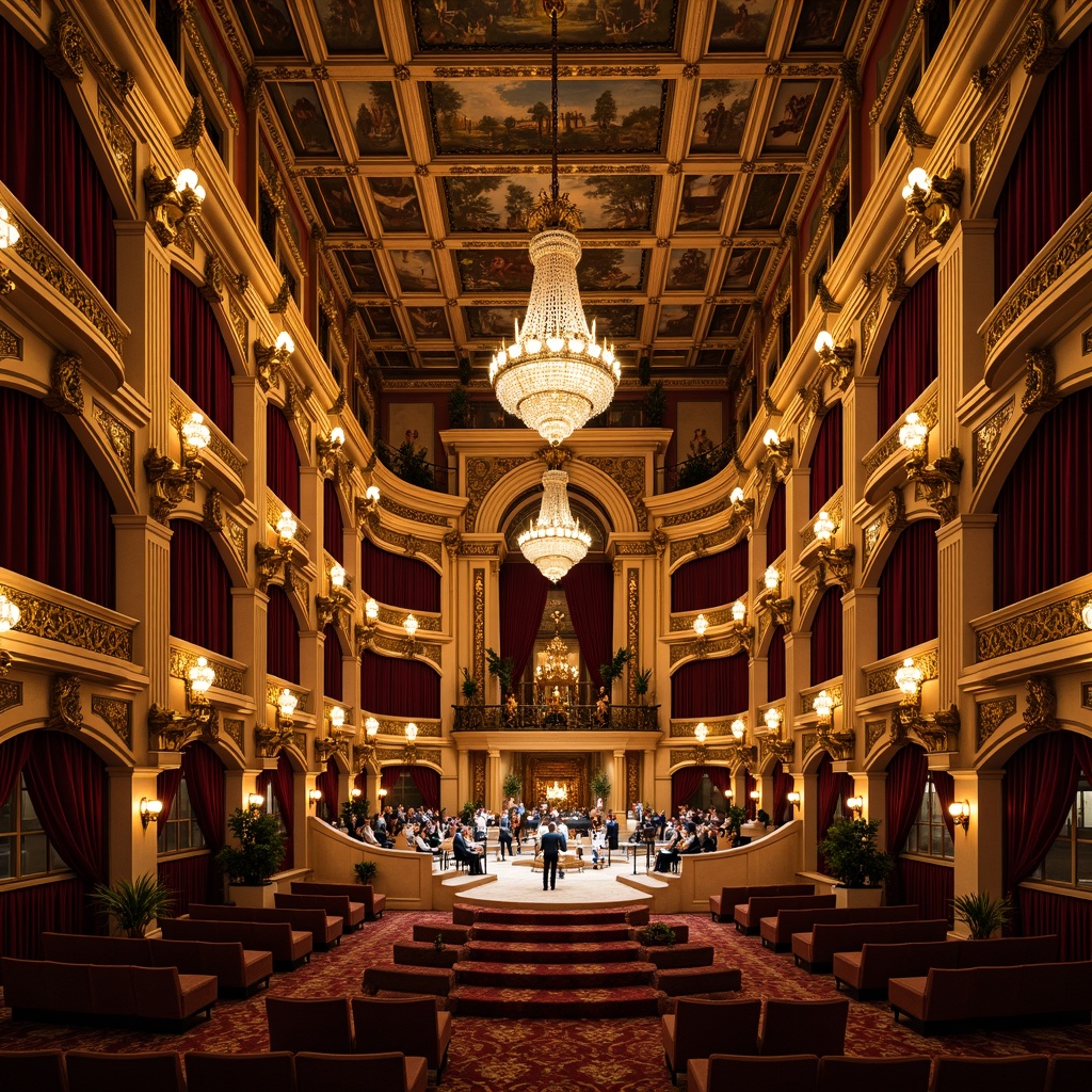 Prompt: Intricate ornate concert hall, lavish golden decorations, sculpted wooden accents, grand chandeliers, velvet drapes, majestic staircases, opulent furnishings, richly patterned carpets, Baroque-style archways, ornate frescoes, gilded moldings, dramatic lighting effects, warm candlelight ambiance, shallow depth of field, 1/2 composition, soft focus blur, realistic textures, ambient occlusion.