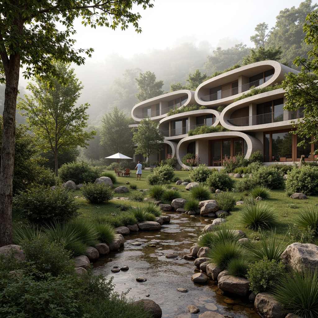 Prompt: Seamless landscape integration, harmonious fusion of architecture and nature, curvaceous building lines, organic shapes, green roofs, lush vegetation, native plant species, meandering water features, natural stone walls, weathered wood accents, earthy color palette, soft warm lighting, misty atmosphere, blurred boundaries, 3/4 composition, symmetrical balance, serene ambiance, realistic textures, ambient occlusion.