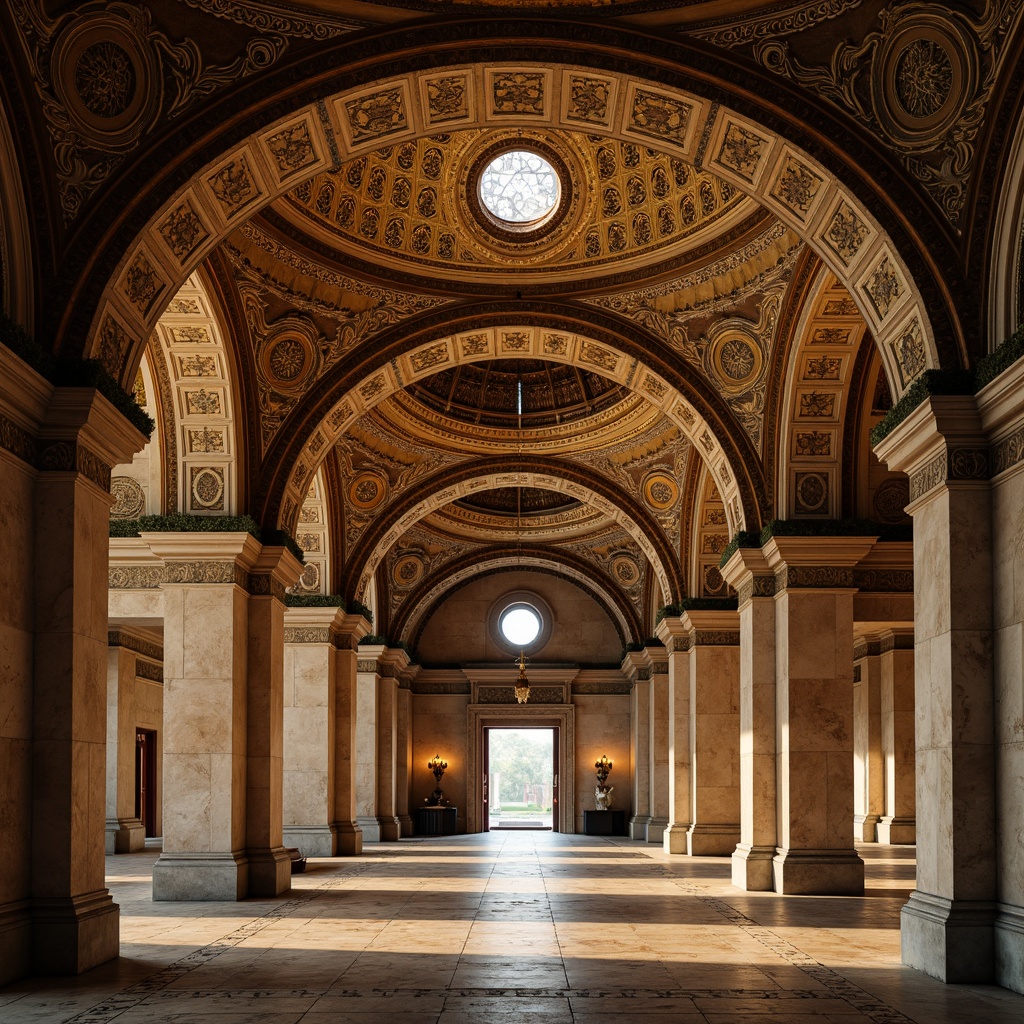 Prompt: Byzantine-style arches, ornate carvings, golden mosaics, grand entranceways, intricately patterned ceilings, majestic domes, vaulted interiors, richly textured stone walls, warm ambient lighting, soft shadows, subtle color gradations, 3/4 composition, symmetrical framing, realistic textures, ambient occlusion.