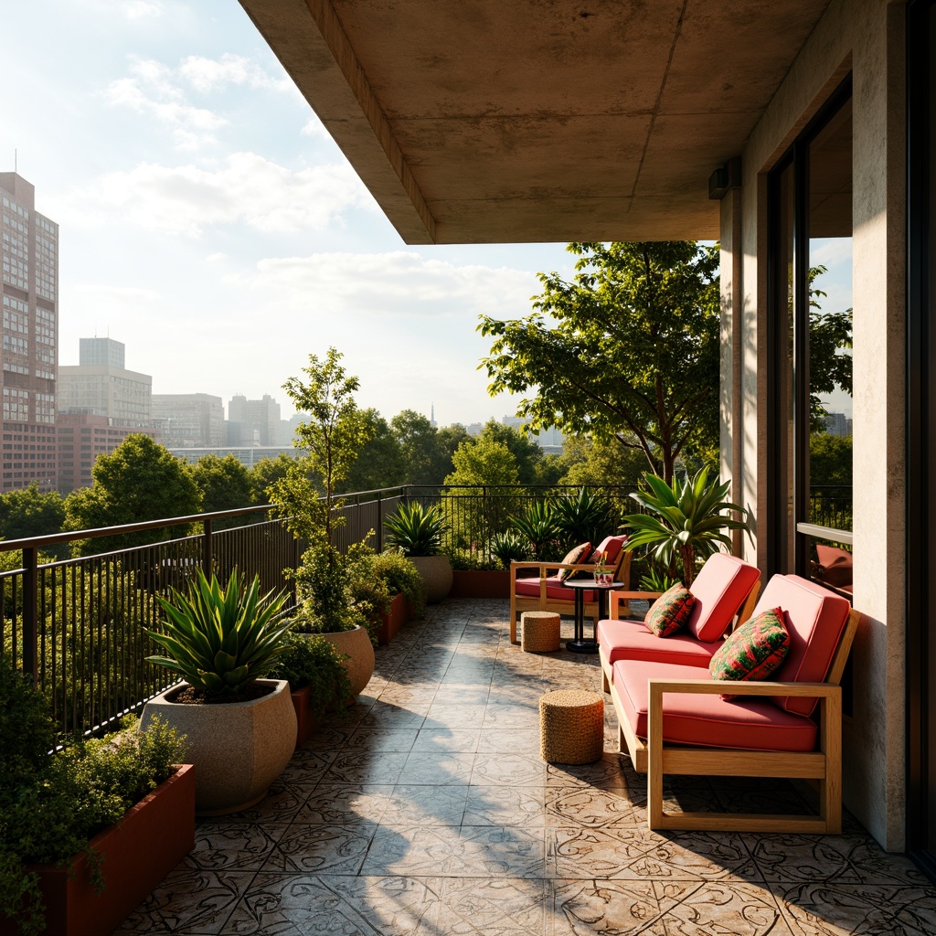 Prompt: Opulent Art Deco apartment balcony, lavish greenery, exotic potted plants, ornate metal railings, geometric patterned tiles, luxurious outdoor furniture, bold colorful accents, vintage-inspired decor, cityscape views, warm sunny day, soft natural lighting, shallow depth of field, 1/2 composition, cinematic framing, realistic textures, ambient occlusion.