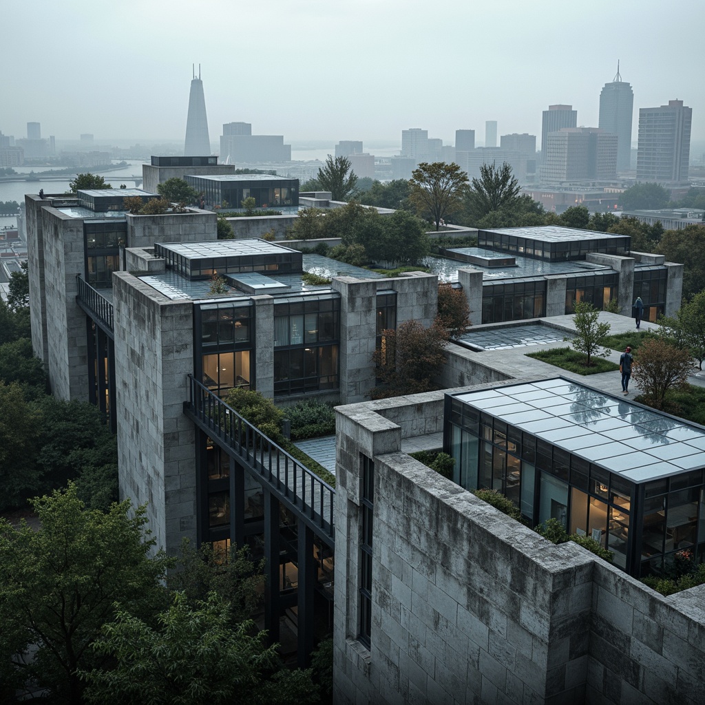 Prompt: Rugged concrete fa\u00e7ade, brutalist fortress, industrial steel beams, fragmented glass windows, transparent glass bridges, angular glass rooftops, raw concrete textures, rough-hewn stone walls, urban cityscape, overcast sky, dramatic shadows, low-key lighting, cinematic composition, 1/2 camera angle, high-contrast imagery, realistic reflections, subtle ambient occlusion.