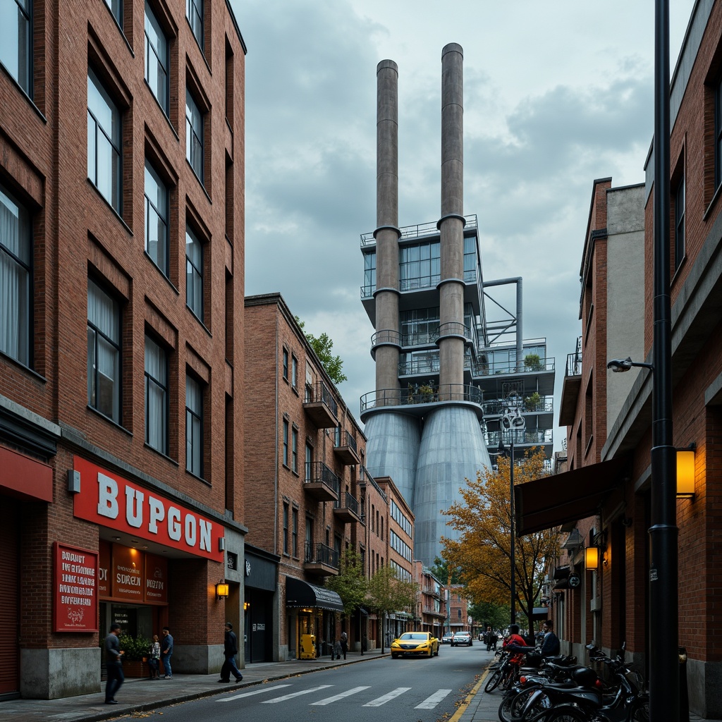 Prompt: Industrial factory buildings, exposed brick walls, metallic accents, neutral tones, earthy shades, warm beige, rusty reds, deep blues, vibrant yellows, bold typography, urban cityscape, cloudy skies, dramatic lighting, high contrast ratios, cinematic composition, gritty textures, realistic atmospheric effects.