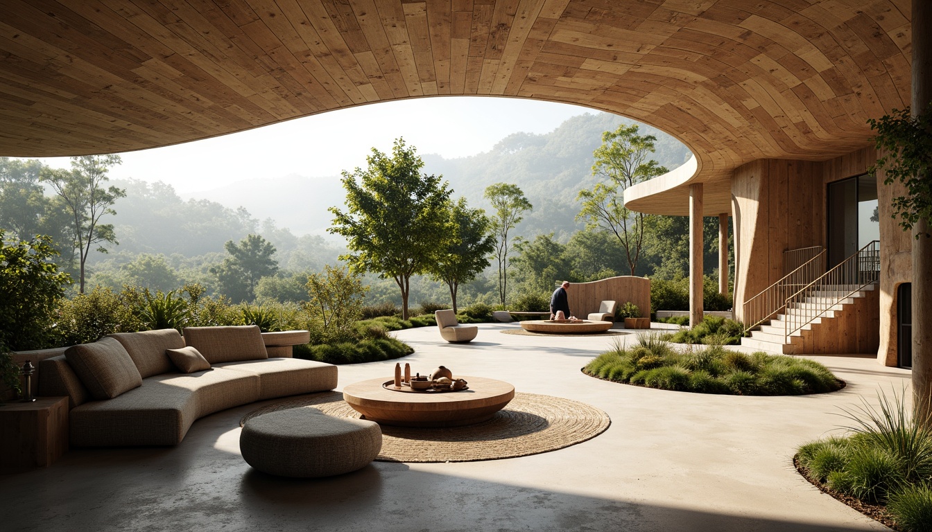 Prompt: Organic forms, flowing curves, natural materials, reclaimed wood, living walls, green roofs, earthy tones, textured stone, smooth concrete, translucent glass, airy spaces, open floor plans, minimalist decor, natural ventilation, abundant daylight, warm soft lighting, shallow depth of field, 3/4 composition, panoramic view, realistic textures, ambient occlusion.