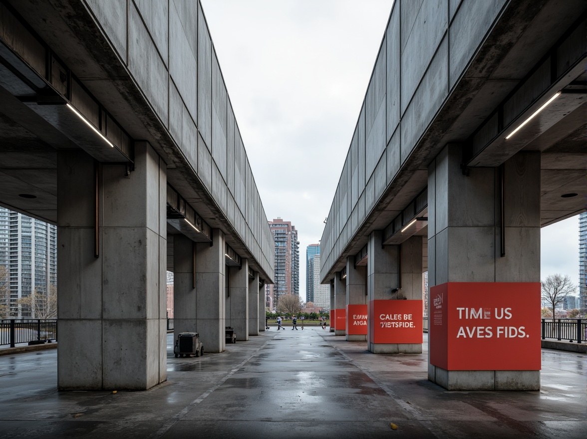 Prompt: Exposed concrete walls, steel beams, industrial metal pipes, functional minimalist design, rectangular forms, primary color accents, bold typography, urban cityscape, overcast sky, dramatic shadows, high-contrast lighting, 1-point perspective composition, symmetrical balance, geometric patterns, raw unfinished textures, brutalist aesthetics, monochromatic color scheme, functionalism emphasis.