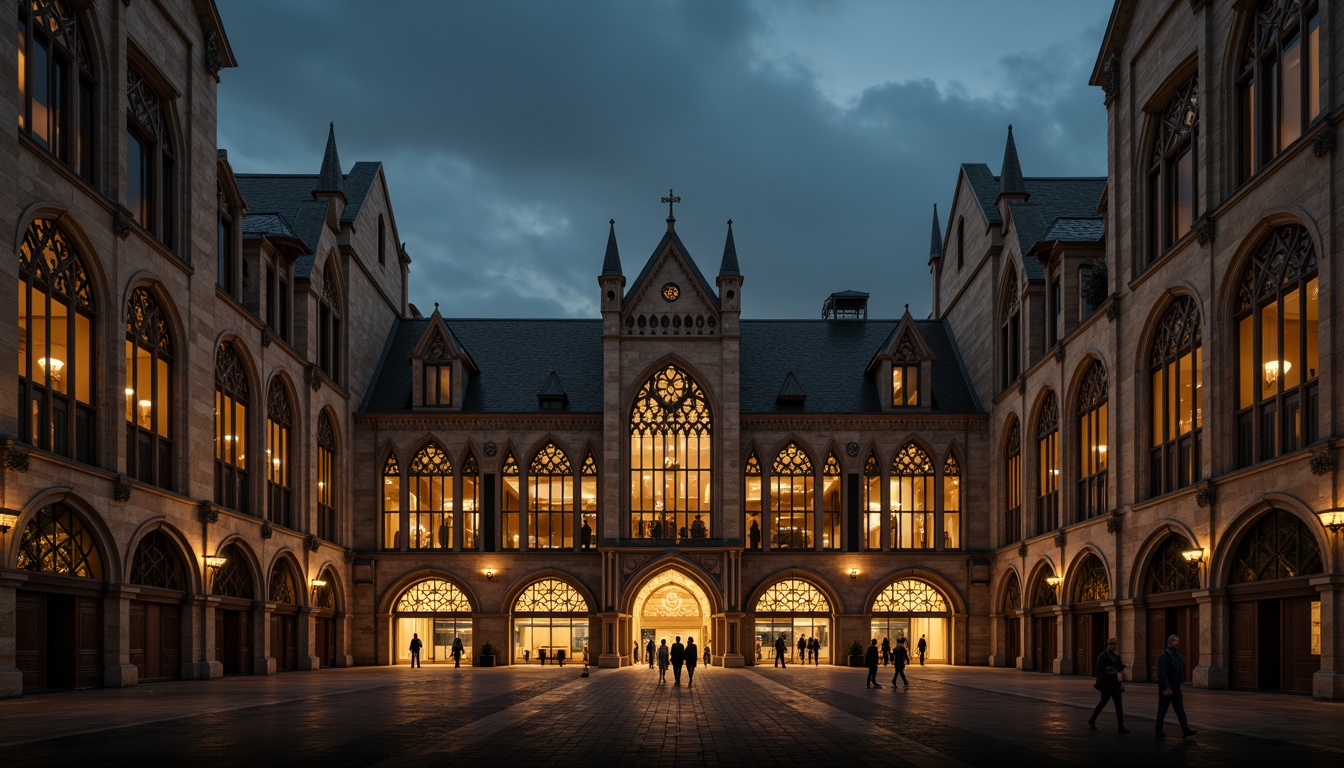 Prompt: Gothic-style football stadium, pointed arches, ribbed vaults, flying buttresses, ornate stone carvings, grand entrance gates, intricate tracery patterns, stained glass windows, towering spires, dramatic nighttime illumination, misty atmosphere, warm golden lighting, 3/4 composition, low-angle shot, symmetrical architecture, richly textured stone walls, steeply pitched roofs, grandiose scale, imposing presence, atmospheric fog, eerie shadows, mysterious ambiance.Let me know if this meets your requirements!