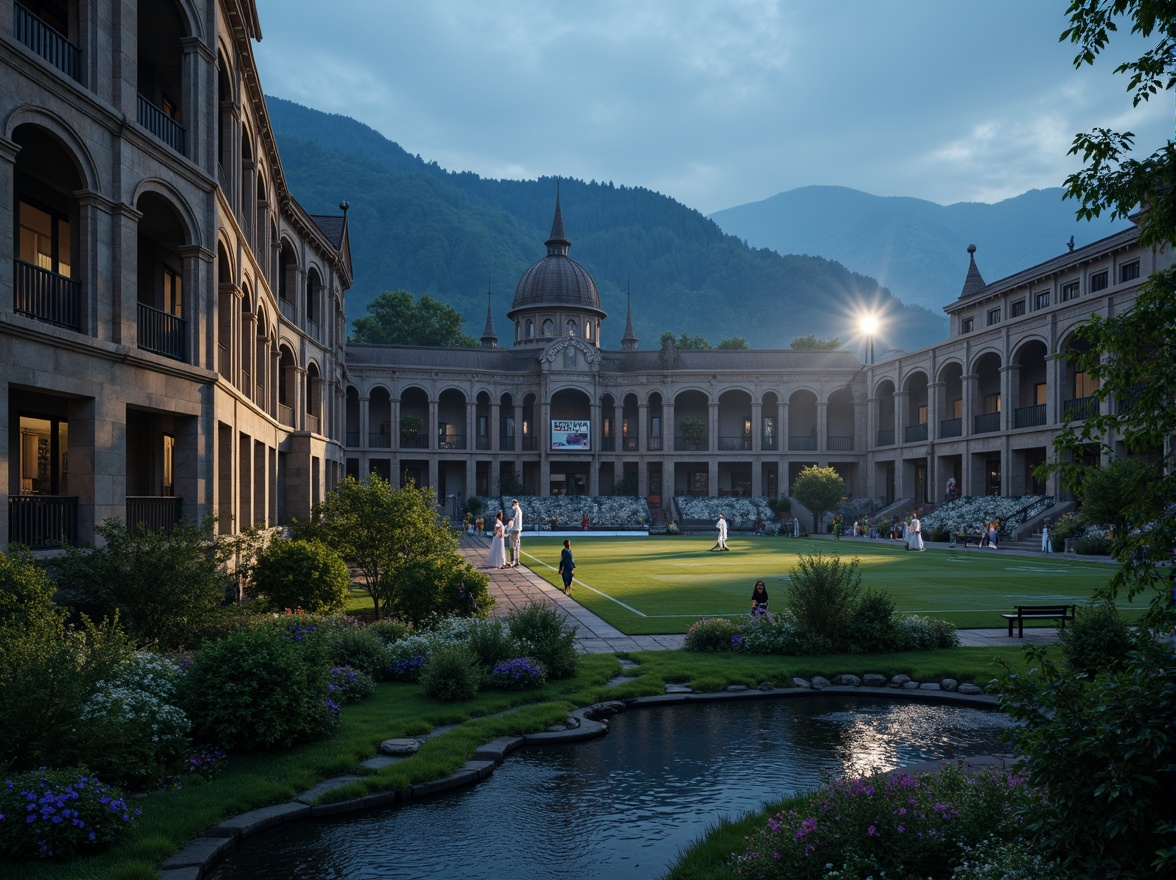 Prompt: Majestic Gothic-style football stadium, grandiose arches, ribbed vaults, pointed spires, intricate stone carvings, lush greenery, rolling hills, meandering streams, vibrant wildflowers, rustic wooden benches, ornate metal railings, majestic statues, medieval-inspired fa\u00e7ade, dramatic nighttime lighting, misty atmosphere, soft focus, shallow depth of field, 1/2 composition, cinematic view, realistic textures, ambient occlusion.