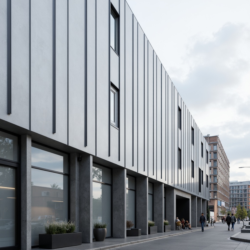 Prompt: Modern building facade, silver-grey aluminum cladding, sleek metallic surface, corrugated panel design, durable weather-resistant coating, low maintenance requirements, energy-efficient thermal insulation, sustainable eco-friendly materials, minimalist aesthetic appeal, industrial chic style, urban cityscape background, cloudy grey sky, shallow depth of field, 1/2 composition, realistic reflections, ambient occlusion.