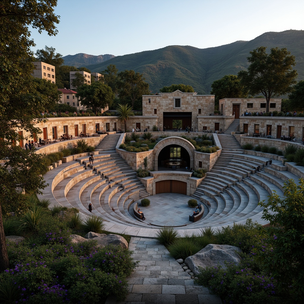 Prompt: Natural stone amphitheater, tiered seating, lush greenery, acoustic reflectors, sound-absorbing materials, curved architecture, optimal viewing angles, elevated stage, professional lighting systems, warm golden hour, soft evening atmosphere, shallow depth of field, 2/3 composition, panoramic view, realistic textures, ambient occlusion.