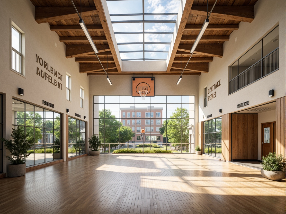 Prompt: Brightly lit gymnasium interior, high ceilings, clerestory windows, natural light pouring in, wooden flooring, athletic equipment, basketball hoops, volleyball nets, exercise machines, mirrors, motivational quotes, modern minimalistic design, industrial chic aesthetic, exposed ductwork, polished concrete walls, large glass doors, outdoor courtyard views, lush greenery, sunny day, soft warm lighting, shallow depth of field, 3/4 composition, realistic textures, ambient occlusion.