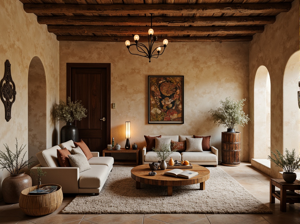 Prompt: Rustic sandstone walls, eclectic furniture mix, vintage decorative pieces, natural fiber textiles, earthy color palette, unique artifacts, statement lighting fixtures, distressed wooden accents, industrial metal elements, abstract artwork, Moroccan-inspired tiles, plush area rugs, organic-shaped decor, warm ambient lighting, 1/1 composition, shallow depth of field, realistic textures, atmospheric rendering.