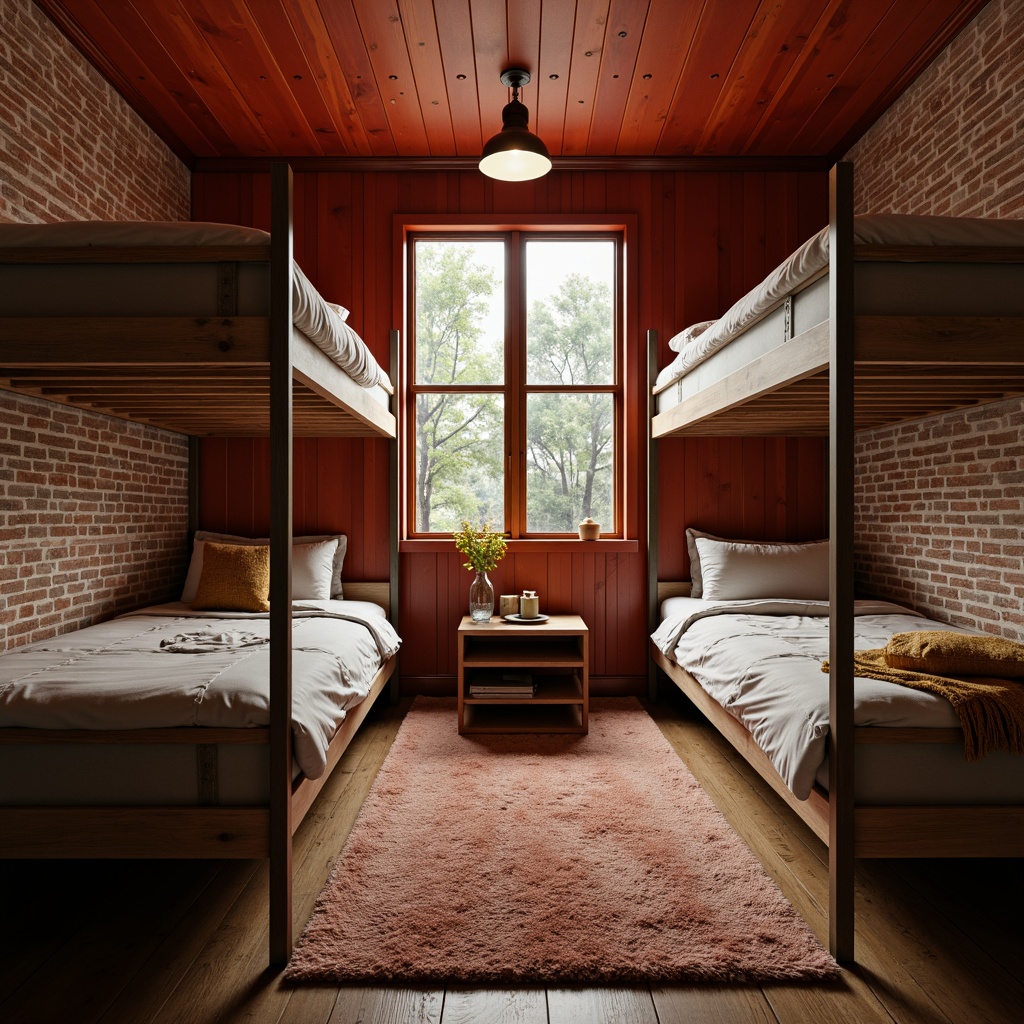 Prompt: Cozy dormitory interior, warm wood accents, soft carpet flooring, plush bedding, natural stone walls, brick red hues, minimalist furniture, industrial metal frames, reclaimed wood textures, earthy color palette, ambient lighting, soft shadows, shallow depth of field, 3/4 composition, relaxed atmosphere, calming ambiance, realistic materials, subtle reflections.