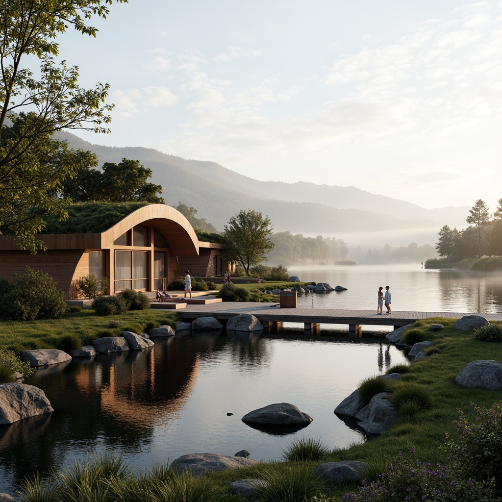 Prompt: Waterfront boathouse, organic curves, natural materials, wooden accents, green roofs, living walls, lush vegetation, serene lake views, misty mornings, soft warm lighting, shallow depth of field, 3/4 composition, panoramic view, realistic textures, ambient occlusion, rustic stone foundations, reclaimed wood docks, nautical ropes, sailboat-inspired design, eco-friendly systems, rainwater harvesting, solar power integration, bio-based insulation, earthy color palette.