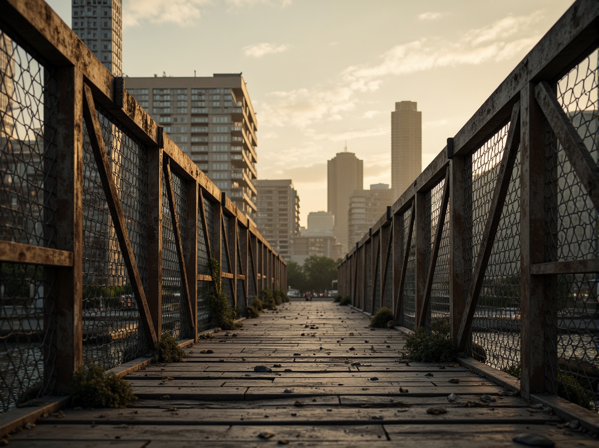 Prompt: Rustic steel bridges, weathered wooden planks, rough-hewn stone piers, suspension cables, industrial metal beams, riveted connections, distressed concrete foundations, brutalist architecture, urban cityscape, misty morning atmosphere, warm golden lighting, shallow depth of field, 1/2 composition, cinematic view, realistic textures, ambient occlusion.