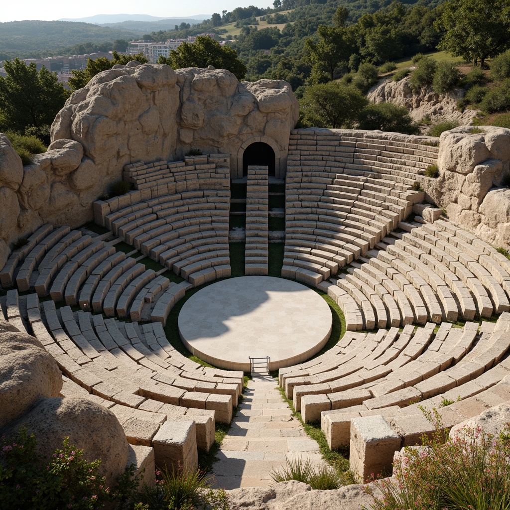 Prompt: Natural stone amphitheater, curved seating layout, acoustic sound reflections, resonant frequencies, echoes, reverberation control, sound wave dispersion, audience seating areas, grassy surroundings, sunny day, soft warm lighting, shallow depth of field, 3/4 composition, panoramic view, realistic textures, ambient occlusion.