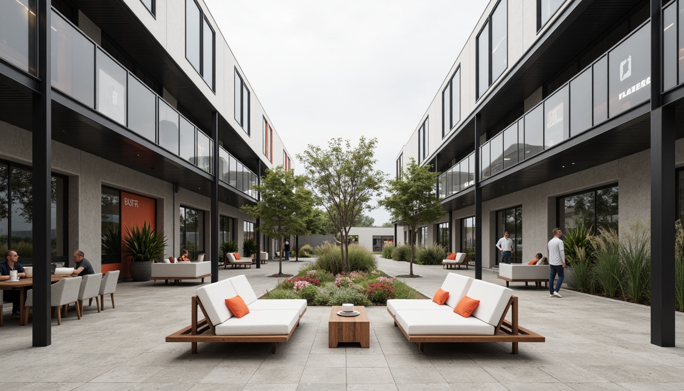 Prompt: Minimalist courtyard, industrial materials, steel beams, concrete floors, large windows, transparent glass doors, open floor plans, functional furniture, geometric shapes, primary color accents, bold typography, urban landscape, cloudy sky, soft diffused lighting, shallow depth of field, 2/3 composition, symmetrical balance, clean lines, minimalist decor, functional simplicity, modernist aesthetic.