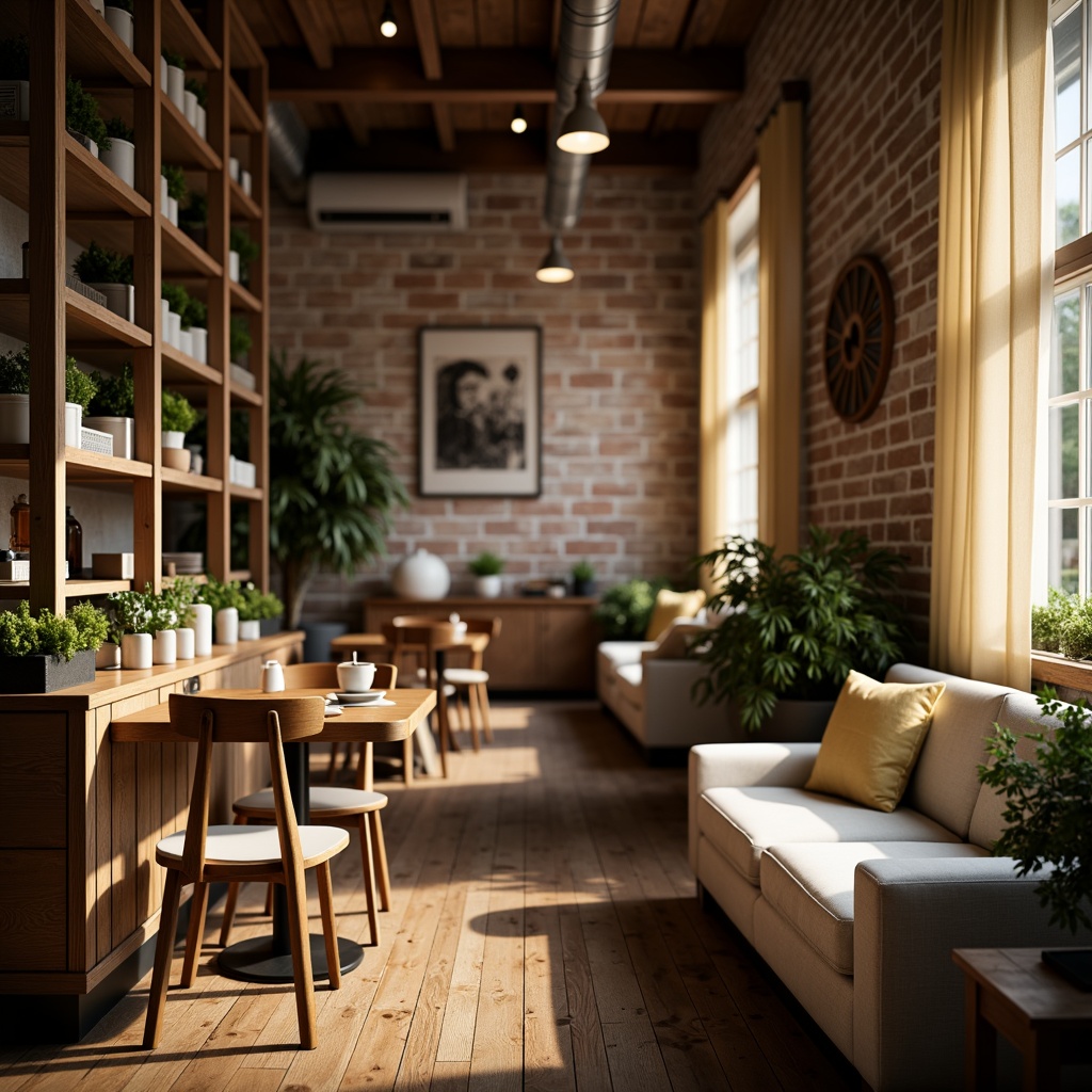 Prompt: Cozy coffee shop atmosphere, warm earthy tones, rich brown wood accents, creamy whites, soothing greens, aromatic scent of freshly brewed coffee, inviting comfortable seating, rustic brick walls, vintage industrial decor, soft golden lighting, shallow depth of field, 1/2 composition, intimate warm ambiance, realistic textures, ambient occlusion.